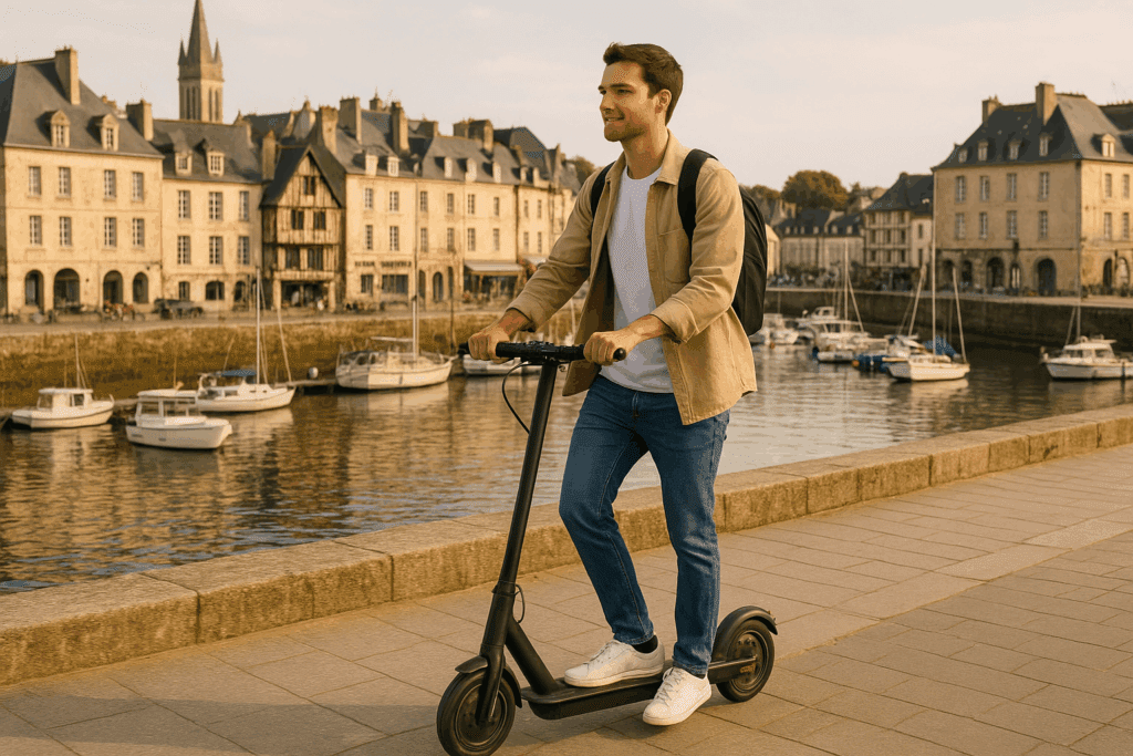 Homme qui se balade en trottinette sur le port de Vannes