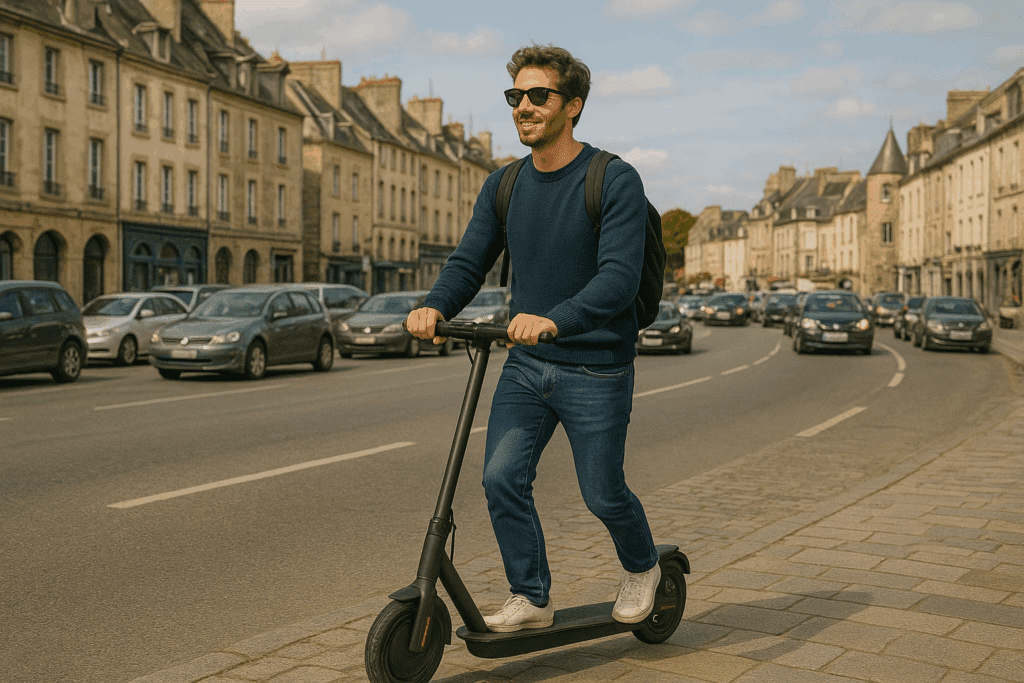 Homme qui évite les bouchons grâce à sa trottinette électrique à Vannes