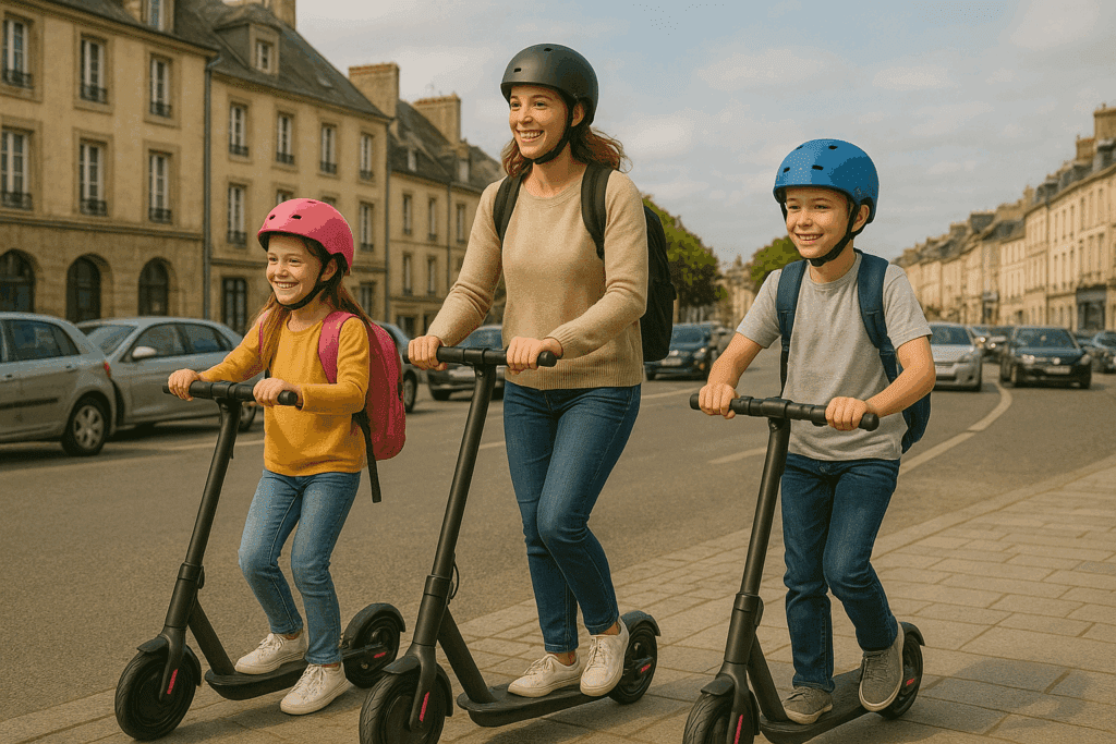 Femme et ses deux enfants en trottinette électrique