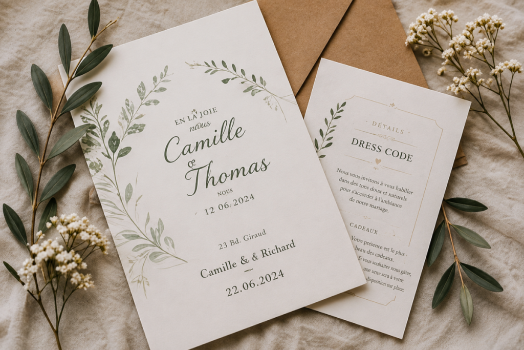 Faire-part de mariage bohème avec illustration végétale, carton d'invitation, enveloppes kraft et feuillage d'olivier.