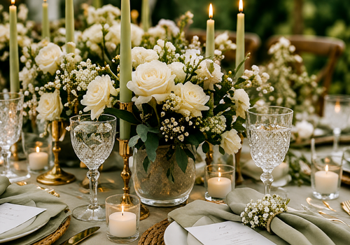 Centre de table de mariage bohème avec roses blanches, chandeliers dorés, bougies et verrerie élégante.