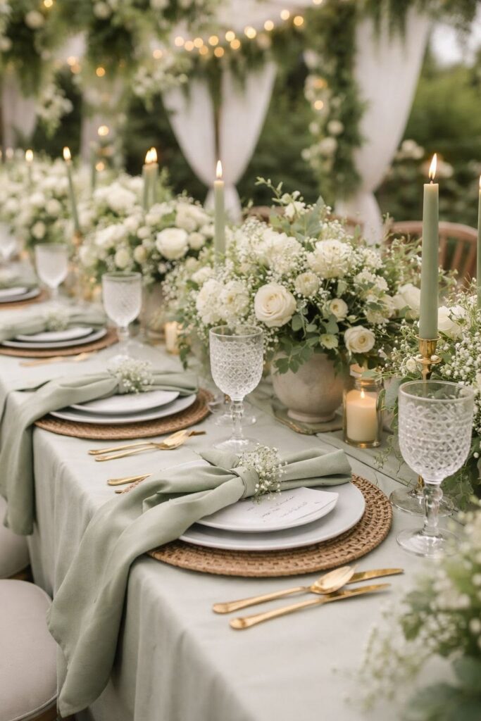 Décoration de table de mariage bohème avec centres de table fleuris, chandeliers dorés, serviettes vert sauge et verrerie élégante.