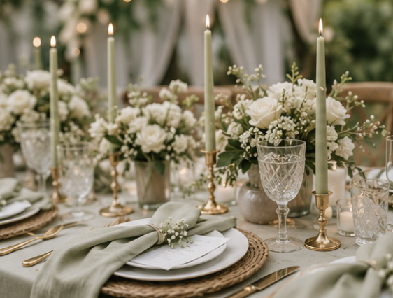 Décoration de table de mariage bohème avec centre de table fleuri, chandeliers dorés, serviettes vert sauge et vaisselle élégante.
