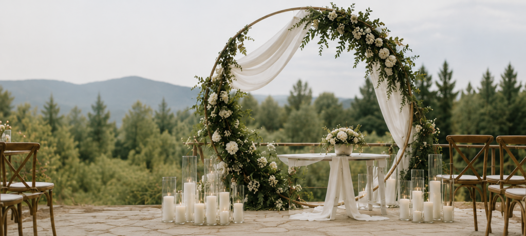 Arche de cérémonie ronde avec voilage blanc et décoration florale, installée pour un mariage bohème en extérieur.