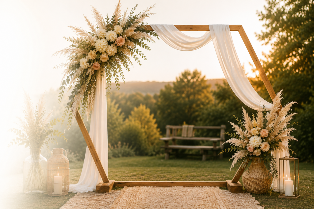Arche de cérémonie en bois avec voilage blanc et décoration florale pour un mariage bohème en extérieur.
