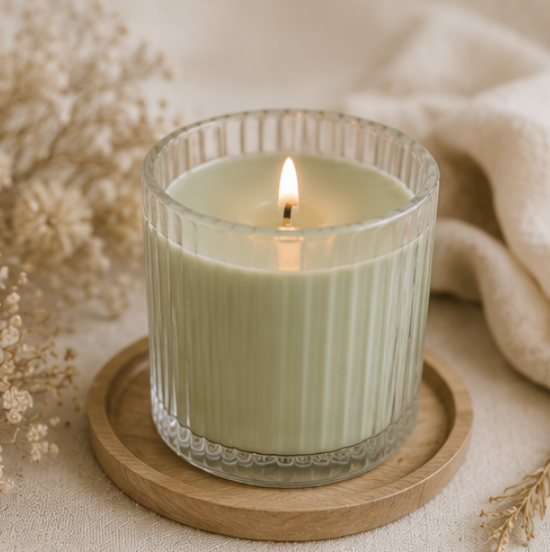Bougie Douceur vert sauge en verre rainuré, idéale pour une décoration de mariage bohème et une ambiance chaleureuse.