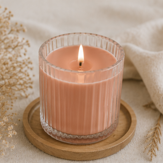 Bougie Douceur terracotta en verre rainuré, idéale pour une décoration de mariage bohème et une ambiance chaleureuse.