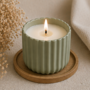 Bougie Promesse vert sauge en verre nervuré, idéale pour une décoration de mariage bohème et une ambiance chaleureuse.