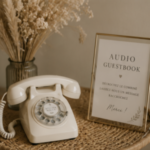 Livre d'or audio ivoire avec téléphone vintage, idéal pour enregistrer les messages des invités lors d'un mariage bohème.