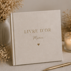 Livre d'or manuscrit blanc, idéal pour recueillir les messages et souvenirs des invités lors d'un mariage bohème.