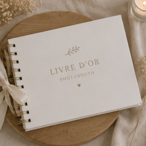 Livre d'or photobooth blanc à spirales, idéal pour conserver les photos et les souvenirs d'un mariage bohème.