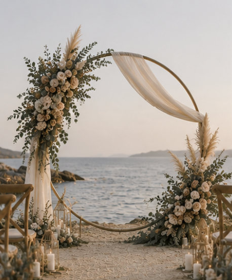 Arche de cérémonie ronde avec voilage blanc et compositions florales, installée pour un mariage bohème en bord de mer.