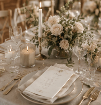 Décoration de table de mariage bohème avec centre de table fleuri, bougies, menu personnalisé et vaisselle élégante.