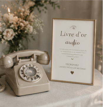 Livre d'or audio ivoire avec téléphone vintage et panneau d'instructions, idéal pour enregistrer les messages des invités de mariage.