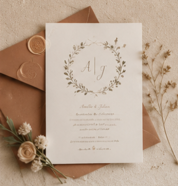 Faire-part de mariage bohème avec illustration végétale, enveloppe kraft et cachet de cire, au style élégant et naturel.
