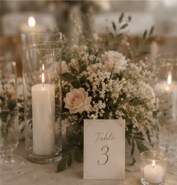 Décoration de table de mariage bohème avec centre de table fleuri, bougies, numéro de table et composition florale élégante.
