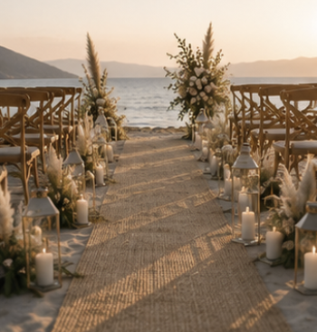 Allée de cérémonie de mariage bohème décorée de lanternes, bougies, fleurs blanches et tapis en jute en bord de mer.