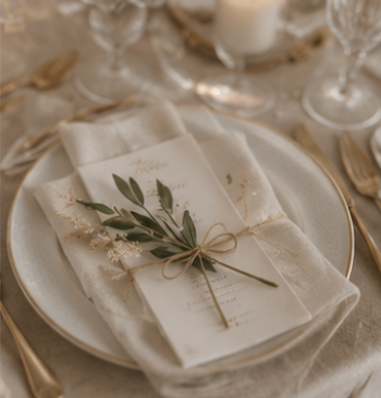 Décoration de table de mariage bohème avec menu personnalisé, serviette en lin, branche d'olivier et art de la table élégant.