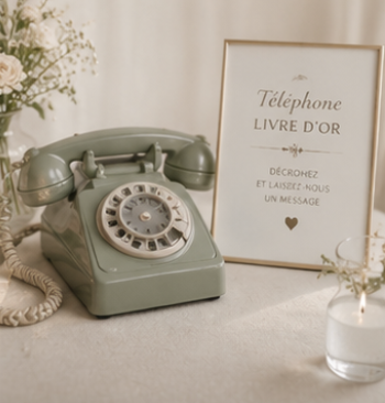 Livre d'or audio vert sauge avec téléphone vintage et panneau d'instructions, idéal pour enregistrer les messages des invités de mariage.