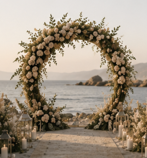 Arche de mariage ronde décorée de fleurs blanches et feuillage, installée pour une cérémonie bohème face à la mer.