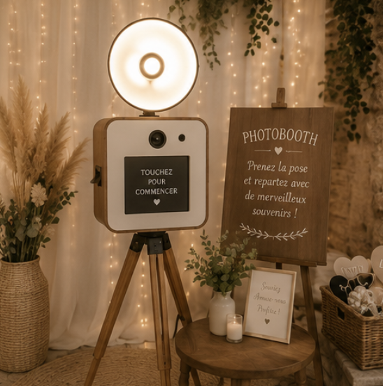 Photobooth en bois avec panneau personnalisé, éclairage LED et accessoires pour un mariage bohème.