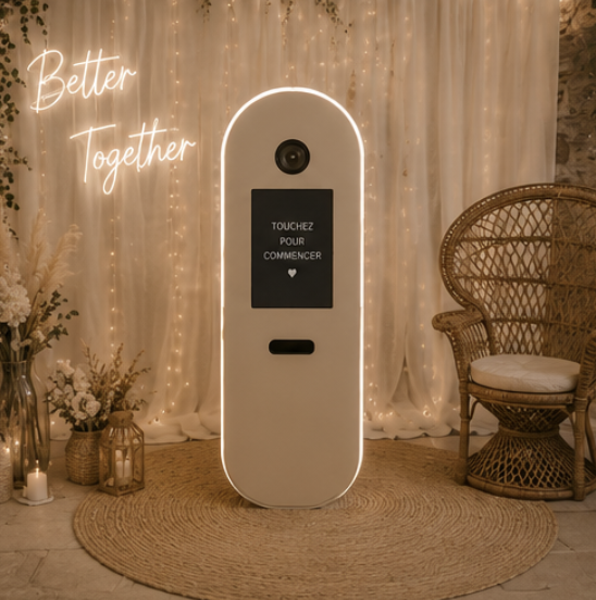 Photobooth moderne avec éclairage LED, idéal pour animer un mariage bohème et créer des souvenirs inoubliables.