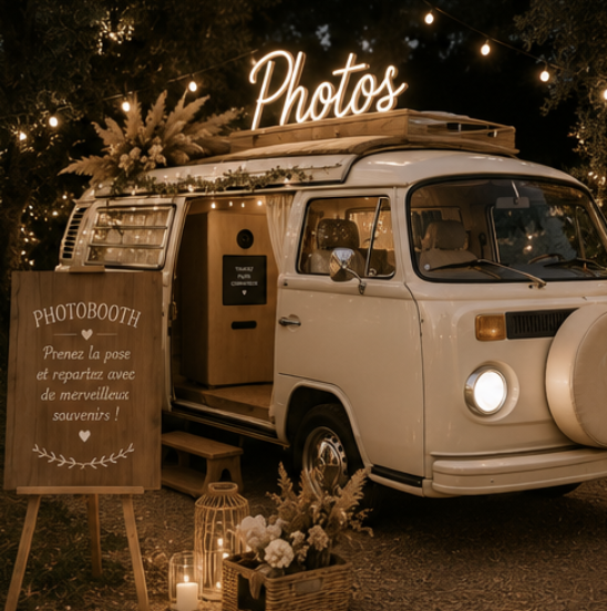 Combi Volkswagen aménagé en photobooth pour mariage bohème, avec enseigne lumineuse et décoration florale.