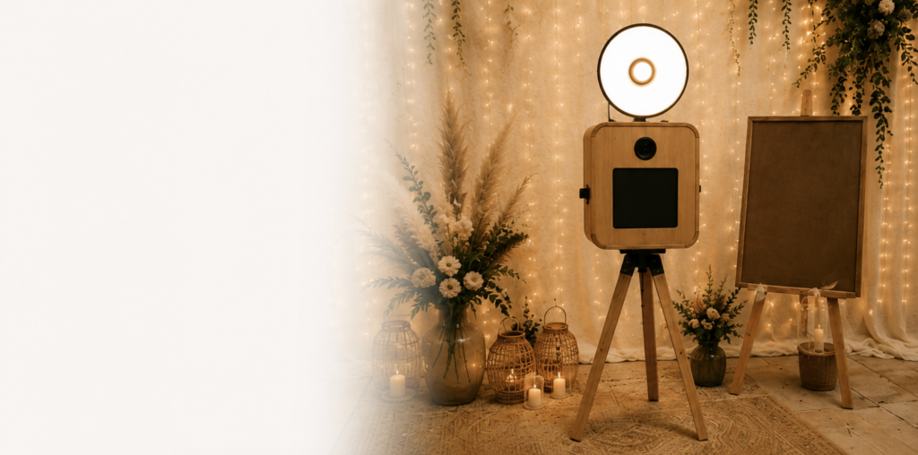 Photobooth en bois avec éclairage LED, idéal pour immortaliser les souvenirs d'un mariage bohème.