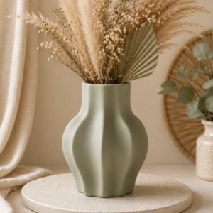 Vase Harmonie vert sauge en céramique avec fleurs séchées, idéal pour une décoration de mariage élégante et naturelle.