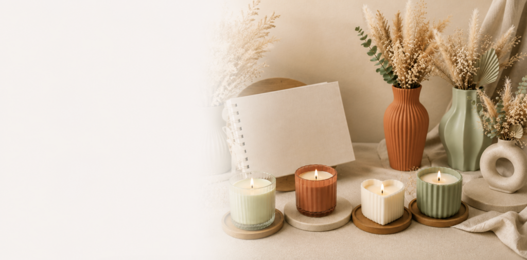 Décoration de mariage bohème avec livre d'or, bougies parfumées et vases en céramique terracotta, vert sauge et ivoire.