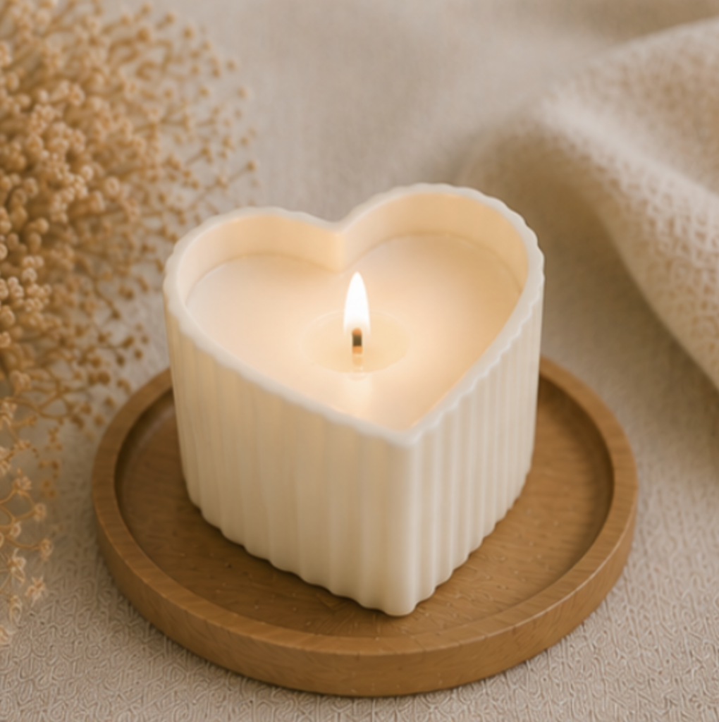 Bougie décorative en forme de cœur ivoire, idéale pour une décoration de mariage bohème et romantique.