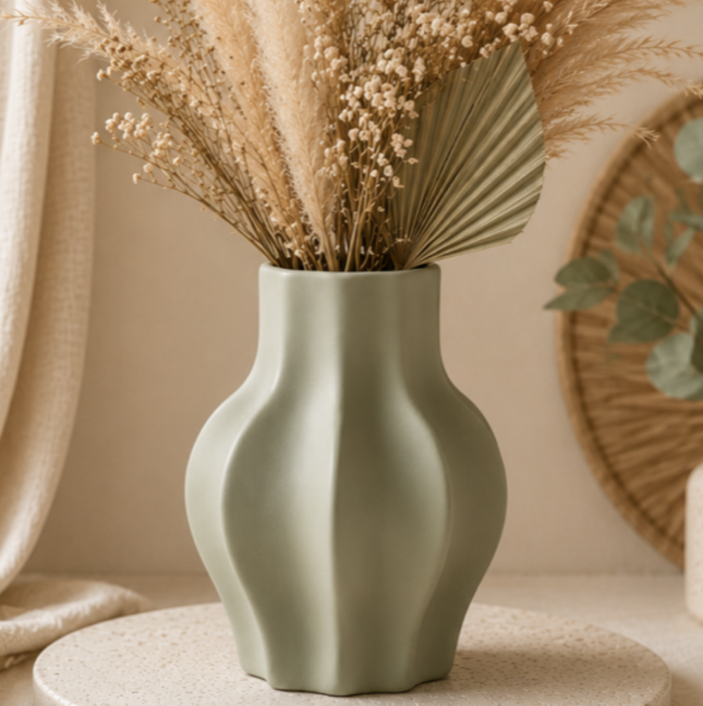 Vase décoratif vert sauge avec fleurs séchées, parfait pour une décoration de mariage bohème et élégante.Vase décoratif vert sauge avec fleurs séchées, parfait pour une décoration de mariage bohème et élégante.