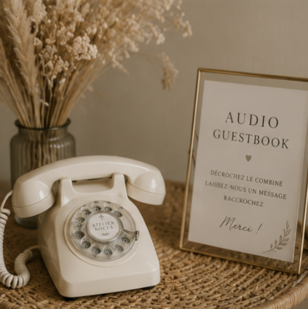 Livre d'or audio avec téléphone vintage ivoire pour recueillir les messages vocaux des invités lors d'un mariage.
