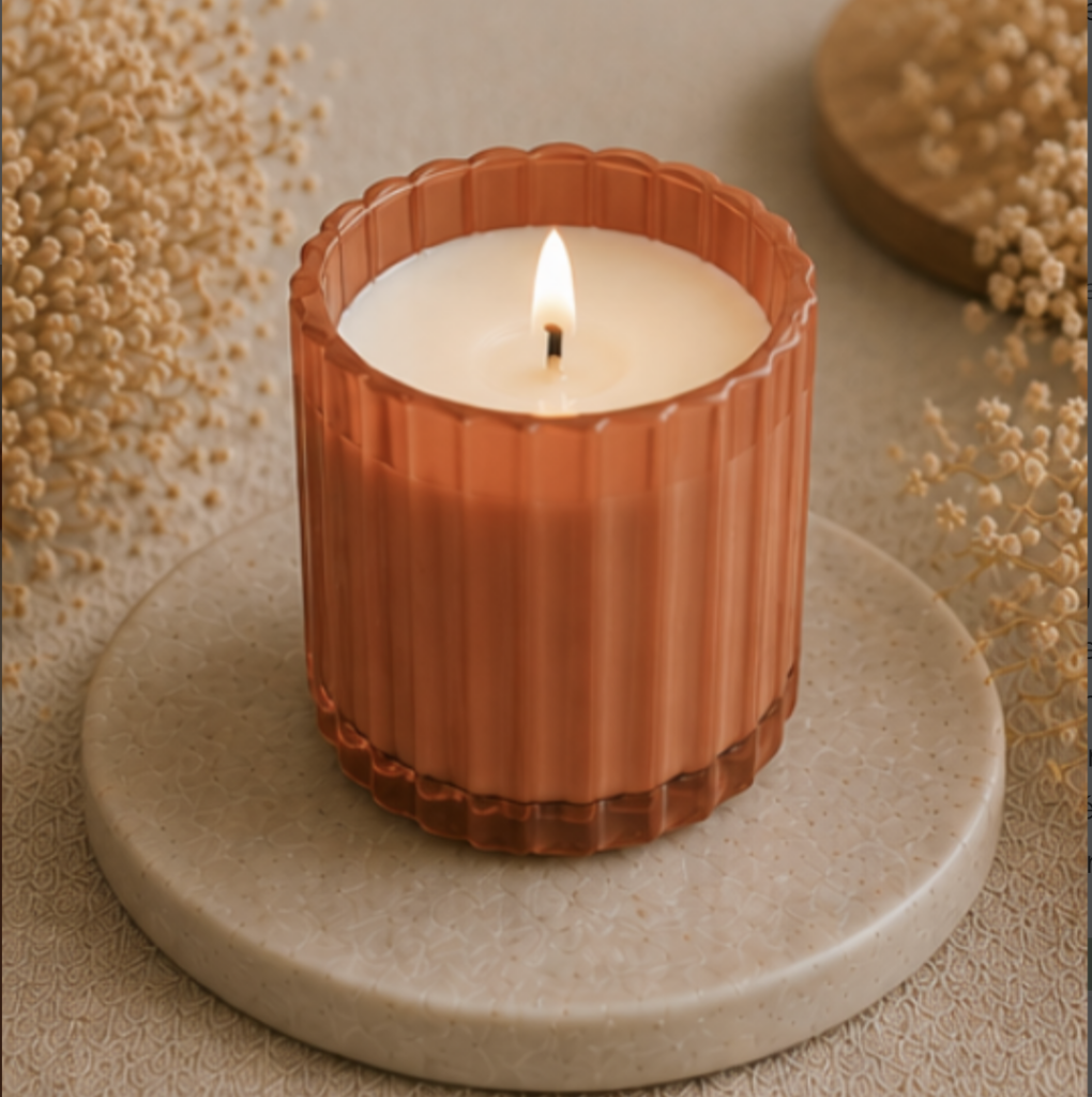 Bougie terracotta en verre strié, idéale pour une décoration de table chaleureuse et raffinée de mariage.