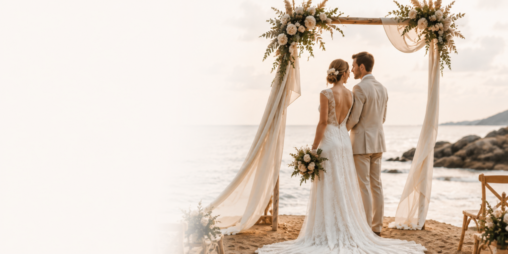 Couple de mariés sous une arche de cérémonie fleurie en bord de mer, dans une ambiance de mariage bohème et romantique.