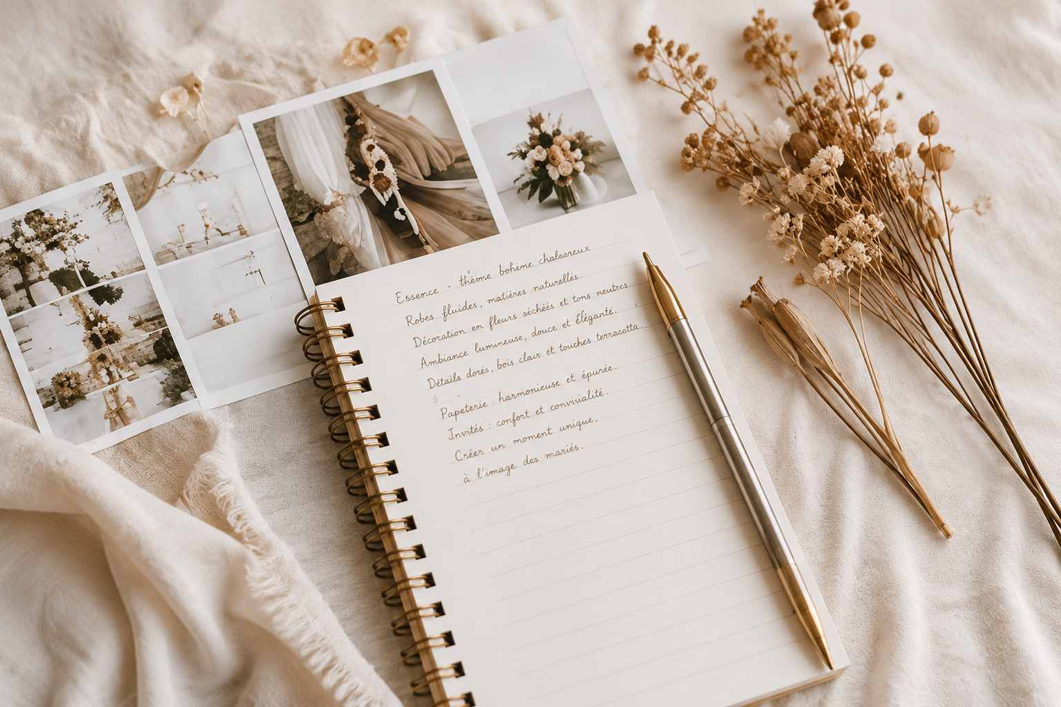 Carnet d'inspiration de mariage bohème avec photos d'ambiance, fleurs séchées et idées de décoration.