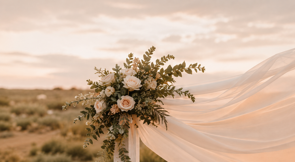 Composition florale avec voilage blanc ornant une arche de cérémonie pour un mariage bohème en extérieur.