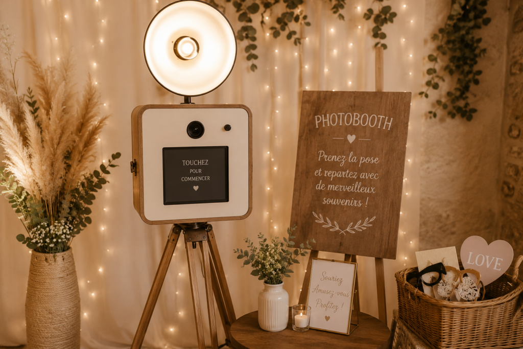Photobooth en bois avec panneau d'accueil, accessoires photo et décoration bohème pour un mariage.