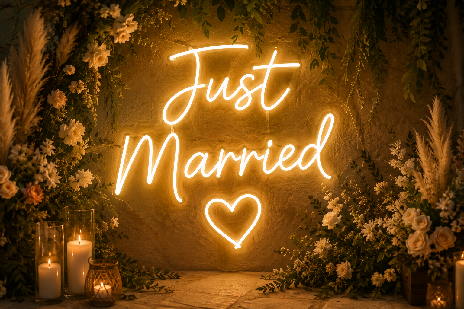 Néon lumineux "Just Married" pour décoration de mariage bohème, idéal pour un espace photobooth ou une salle de réception.
