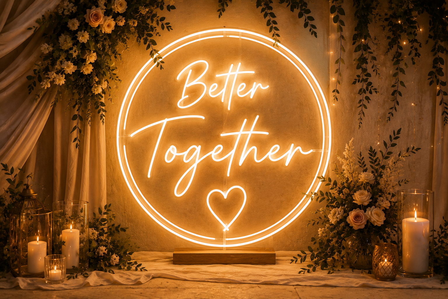 Néon lumineux rond "Better Together" pour décoration de mariage bohème, idéal pour un photobooth ou une salle de réception.