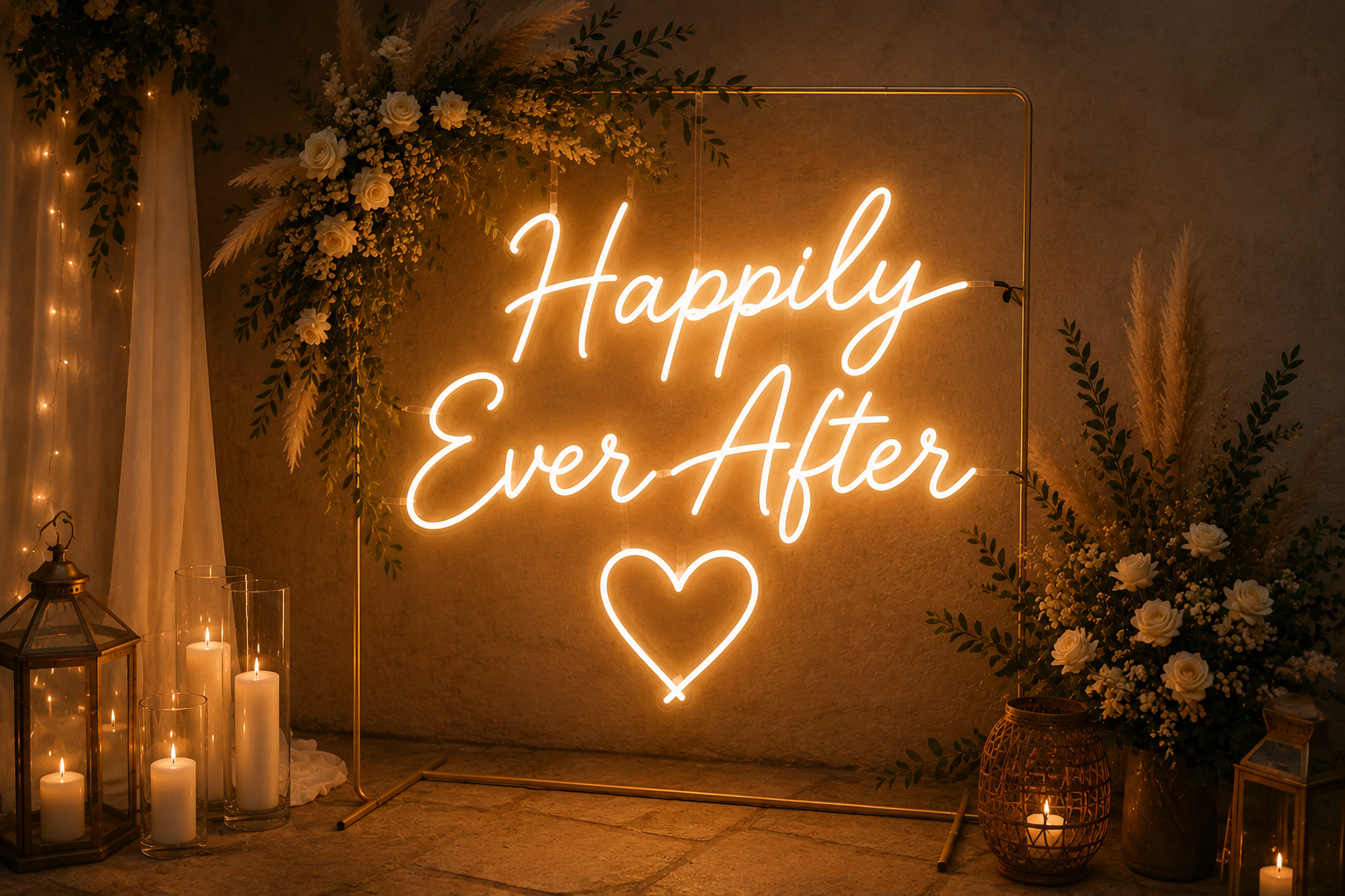 Néon lumineux "Happily Ever After" pour décoration de mariage bohème, idéal pour un espace photobooth ou une salle de réception.