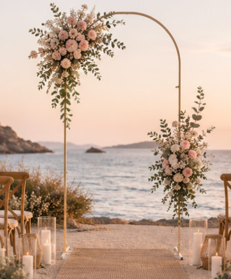 Arche de cérémonie dorée asymétrique avec composition florale rose et blanche, idéale pour un mariage bohème en bord de mer.