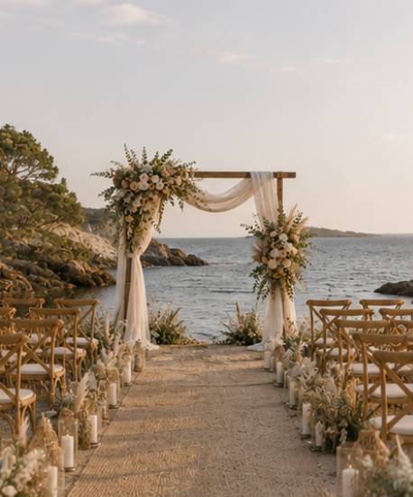 Arche de cérémonie rectangulaire en bois avec voilage blanc et décoration florale, idéale pour un mariage bohème en bord de mer.