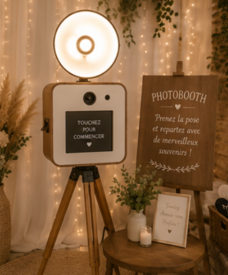 Photobooth en bois avec éclairage LED, panneau d'accueil et décoration bohème pour un mariage élégant.