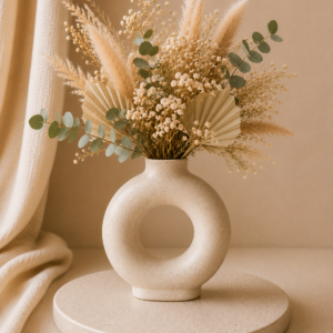vase circulaire avec un trou à l'intérieur couleur ivoire avec fleurs séchés à l'intérieur